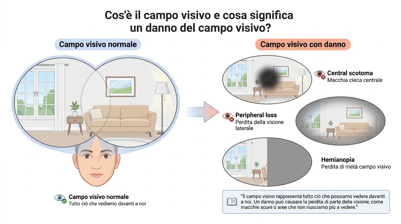 Schema del campo visivo normale confrontato con scotoma centrale, perdita periferica ed emianopsia