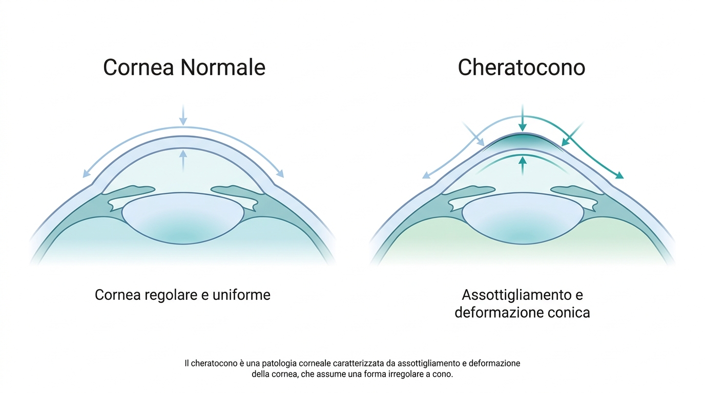 Confronto schematico tra cornea normale e cornea con cheratocono, assottigliata e deformata a cono