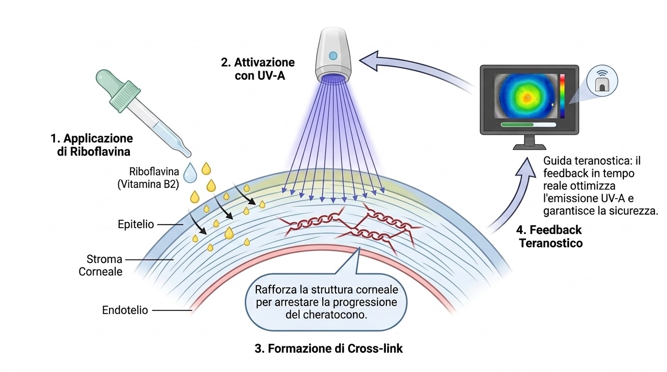 Schema del cross-linking corneale a guida teranostica: applicazione di riboflavina, attivazione UV-A, formazione dei cross-link e feedback in tempo reale