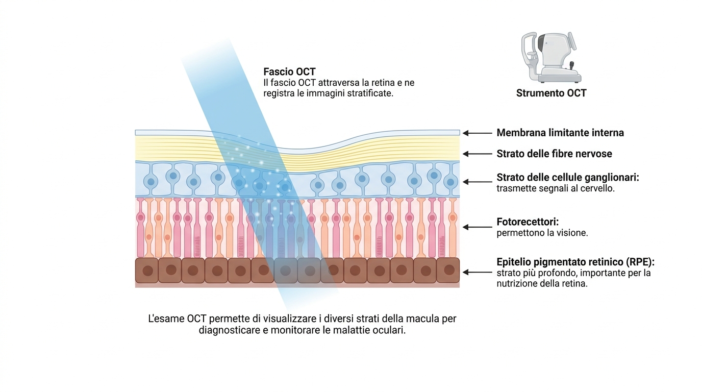 Schema della macula e sezione OCT della fovea con gli strati retinici