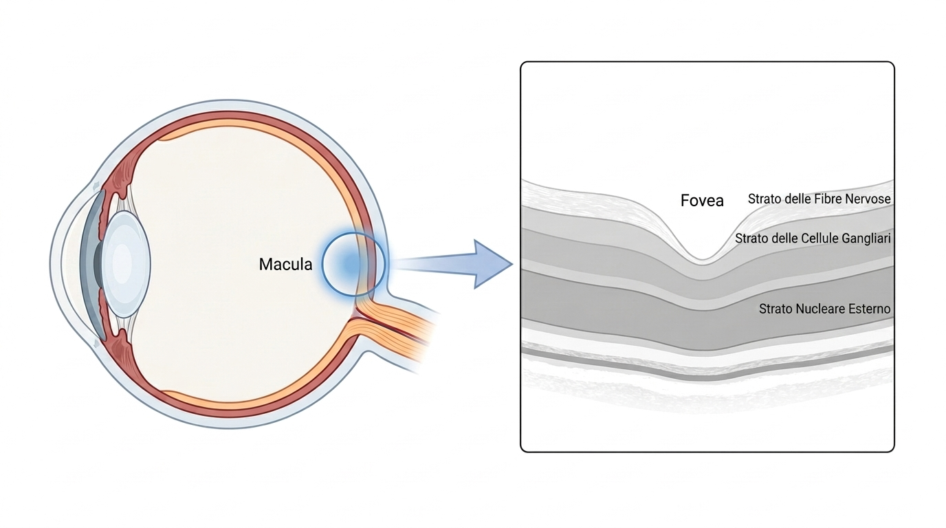 Schema del fascio OCT che attraversa gli strati della retina, dalla membrana limitante interna all’epitelio pigmentato